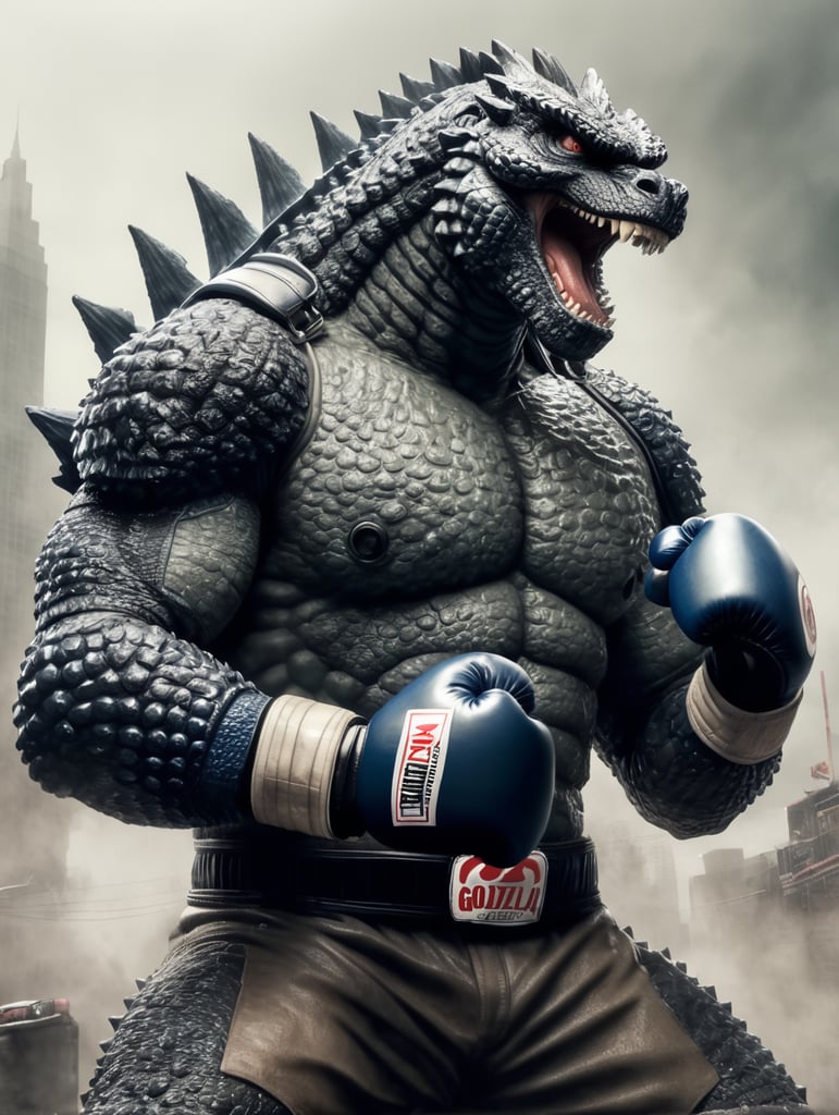 godzilla with abs sweating wearing boxing gloves