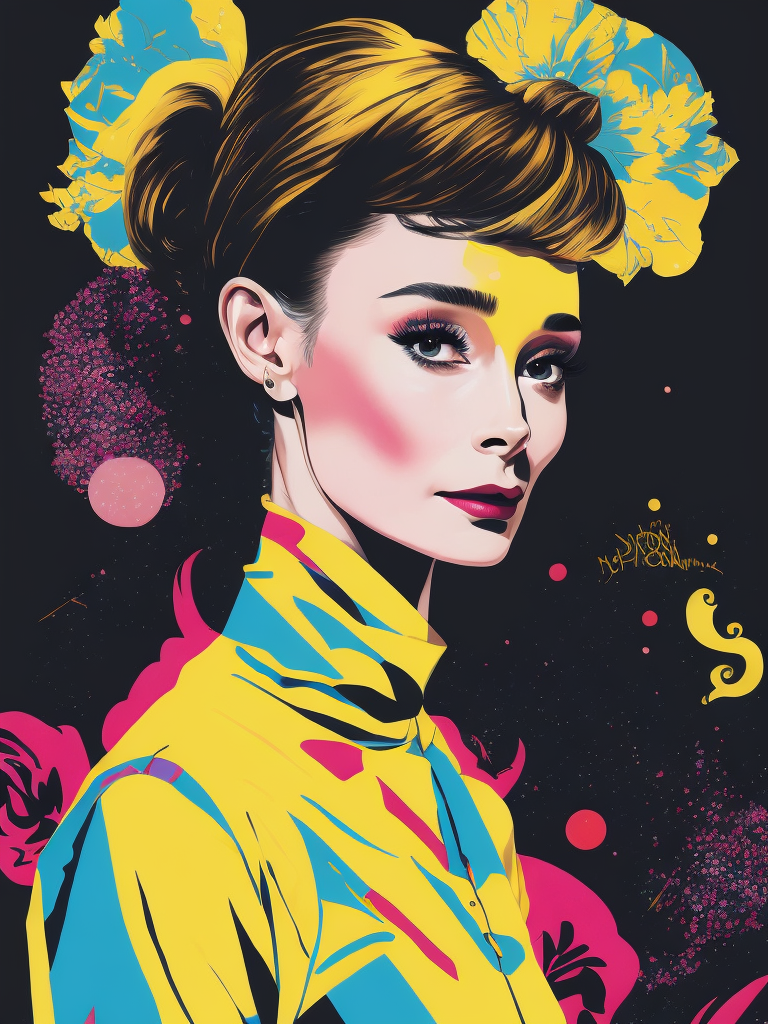 Portrait of Audrey Hepburn, Album art, gorgeous stunning vibrant digital art by Yoh Nagao and Ken Price, no written text. octane render, gloss. inspired by mellon collie and infinate sadness digital collage artist john craig