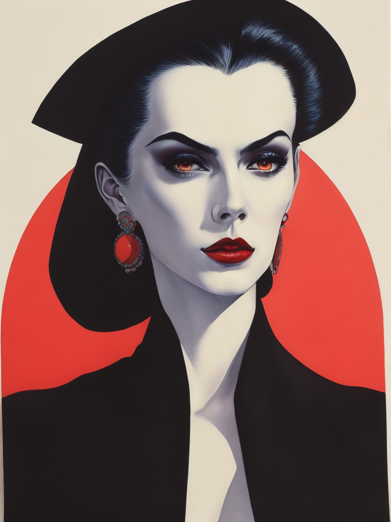 Vampira, alluring, Chicano goth, femme fatalle, stunning vampiress, evil eyes, hypnotic gaze, sheer Gothic attire, watercolored pencil on arches paper by Tamara de Lempicka and David Hockney, riso printing, dots