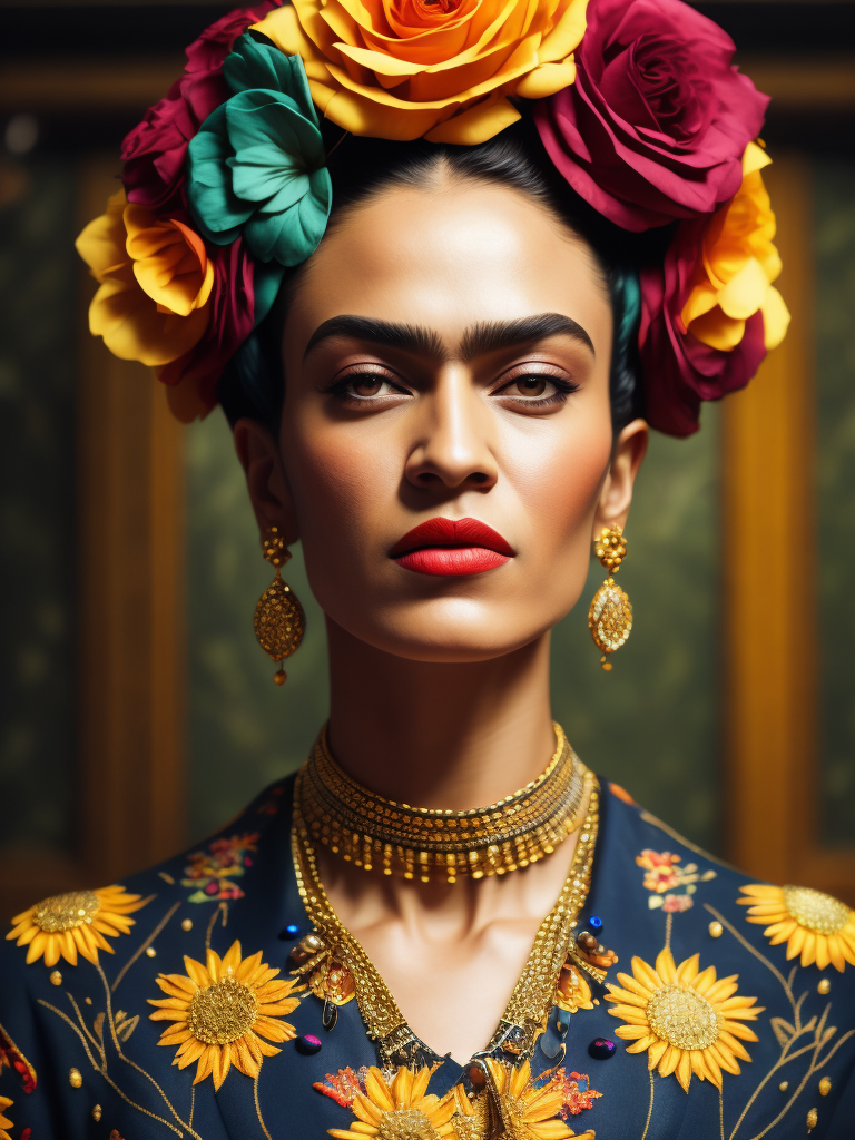 Portrait of Frida Kahlo, bright and saturated colors, elegant, highly detailed, vogue, fashion magazine, sharp focus, bright expressive makeup, dramatic lighting, depth of field, incredibly high detailed, blurred background'