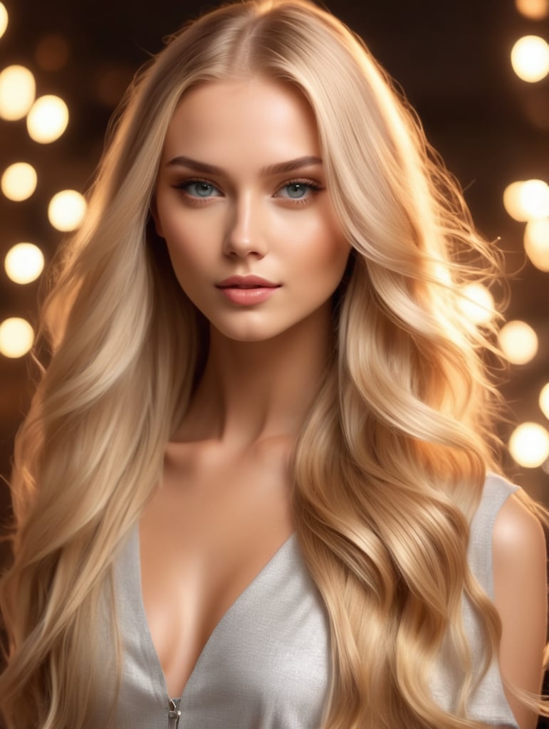 Describe a girl model showcasing the latest fashion trends, her long blonde hair flowing effortlessly. Infuse the scene with a flirtatious and tempting vibe, illuminated by dreamy lighting effects in mesmerizing 4K