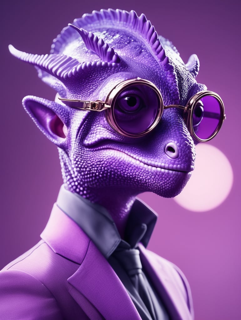 Purple chameleon in the style of clear neo-pop illustrations in stylish clothes, mysterious characters, bright close-up