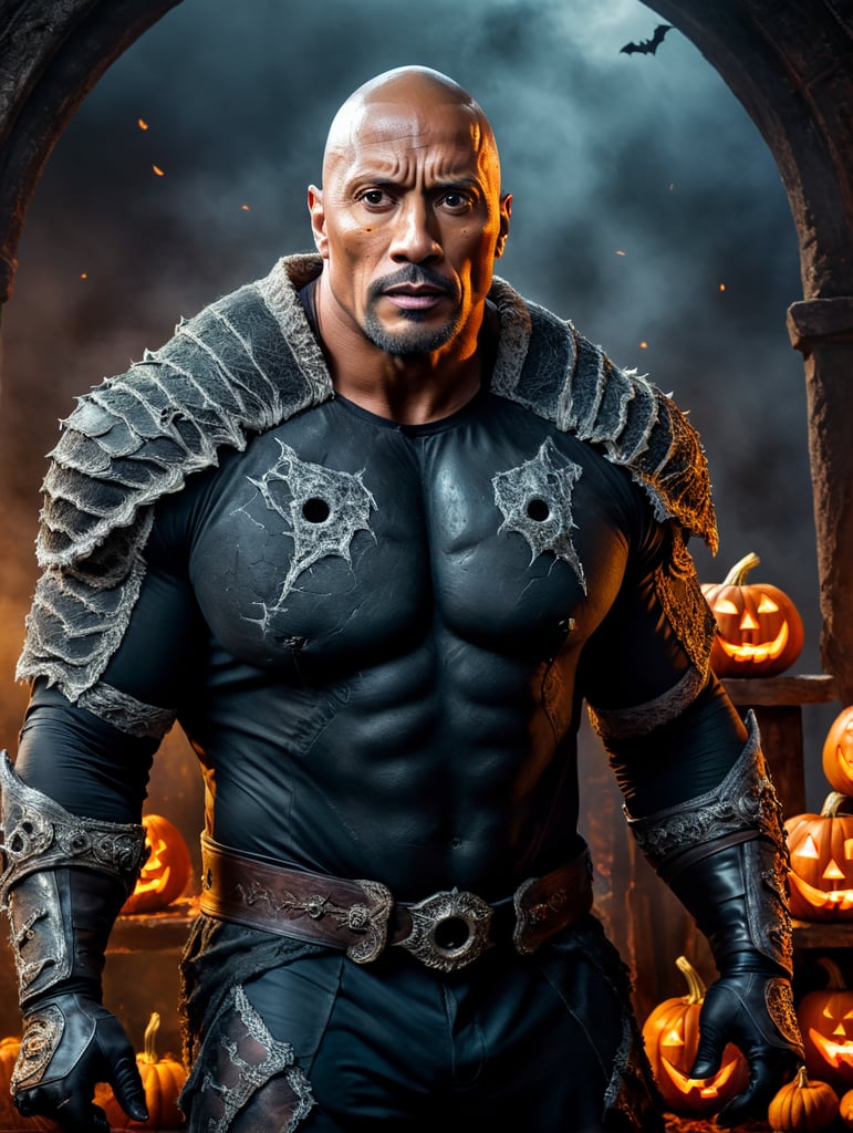 a bone-chilling picture of Dwayne Johnson in a Halloween costume on Lumenor, Halloween atmosphère, award winning photography, focus