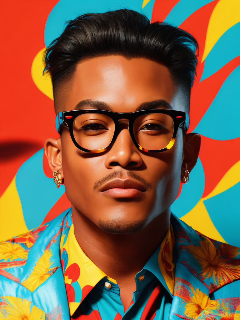Hawaiian singer wearing a brightly patterned jacket and wayfarer glasses, Vivid saturated colors, Contrast color
