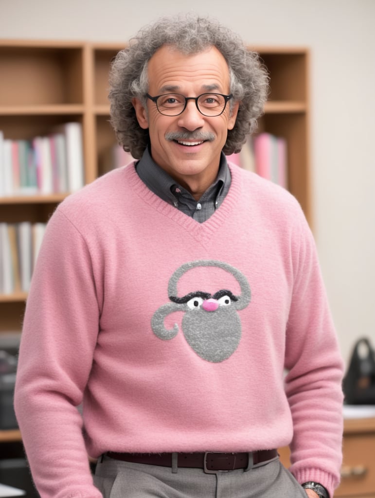 A 60 year old high school English teacher with grey med curly hair , a grey ugly sweater ,a big nose, pink pants and wide ish eyes