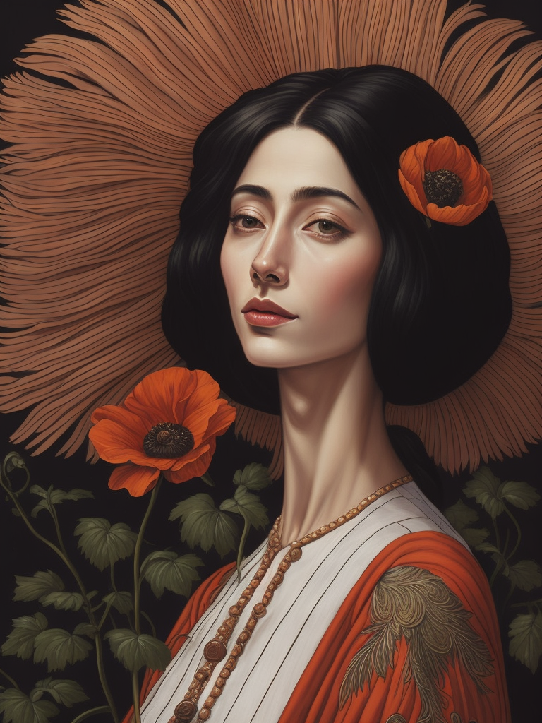 Giuseppe Scuderi, ultrafine detailed painting of a woman with an opium poppy flower in hir hair, whimsical, detailed painting