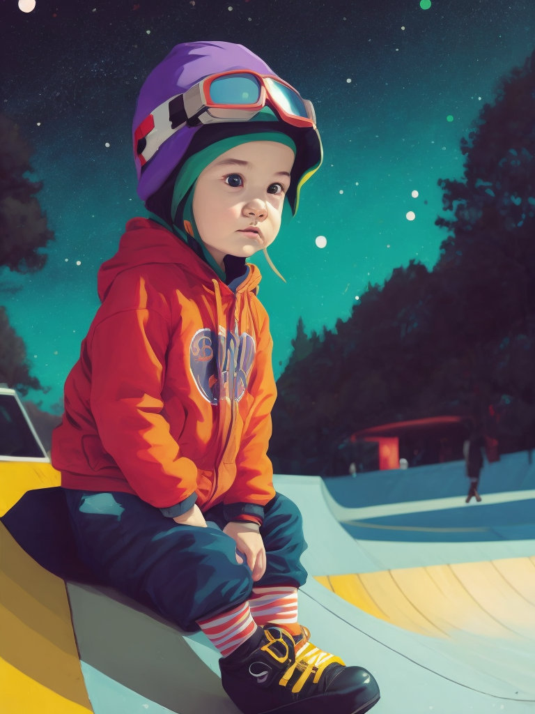60s cartoon style of a baby wearing underground clothes and a cap sitting on the skate park in far off galaxy, style of hannah barbara, studio ghibli, akira toriyama, james gilleard, warner brothers, trending pixiv fanbox, acrylic palette knife, vibrant colors, devinart, trending on artstation, low details, smooth