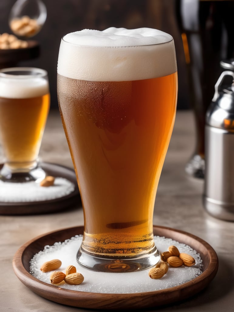 small round stainless steel plate filled with dry peanuts, one gorgeous pint of beer, beer swirl inside glass, one inch of white foam on top, transparent beer, frozen glass, advertisement, highly detailed