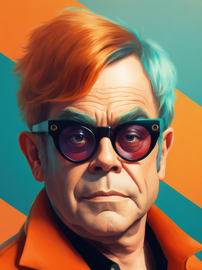 Portrait of Elton John with star-shaped glasses, Against a bright gradient, Vivid saturated colors, Contrast color