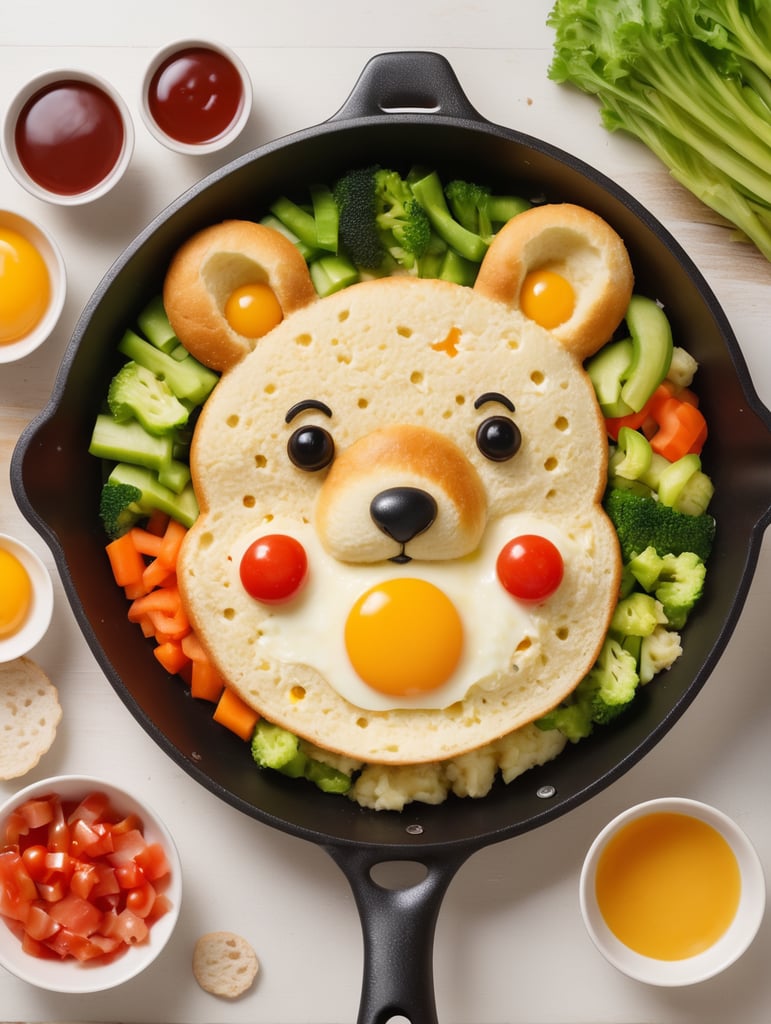 Children's breakfast in a frying pan, bear with ears cut out of a piece of bread dough, eyes consist of scrambled eggs, fresh vegetables, a little ketchup, cute Japanese style, rich texture