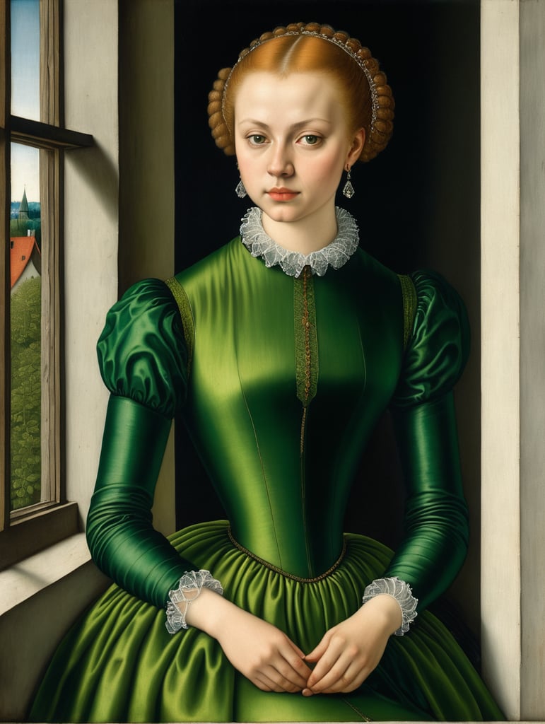 lucas cranach painting, young lady, green dress, sitting at window,