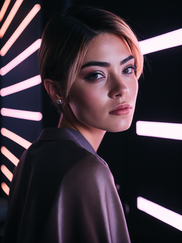 A women with a short black hair, stands near neon light illumination ad, looks on camera, cinematic shot