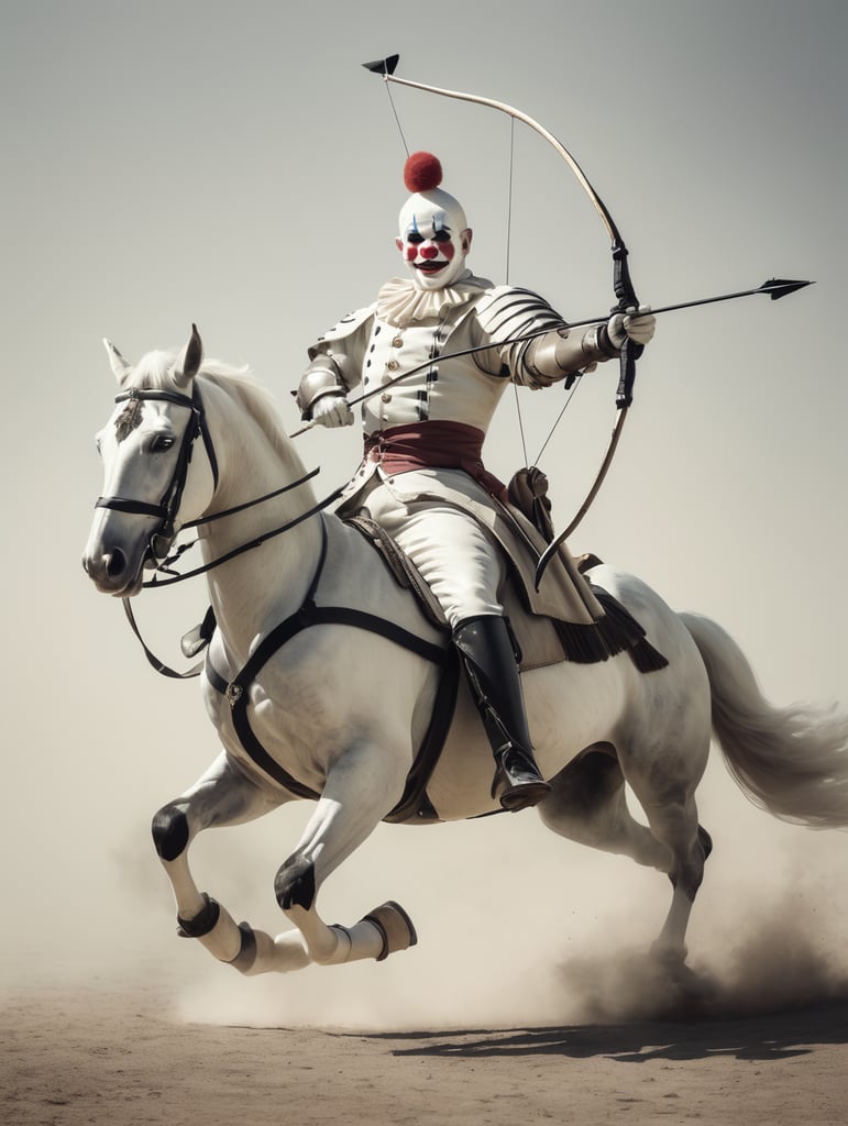 Pierrot clown riding a horse firing a bow and arrow