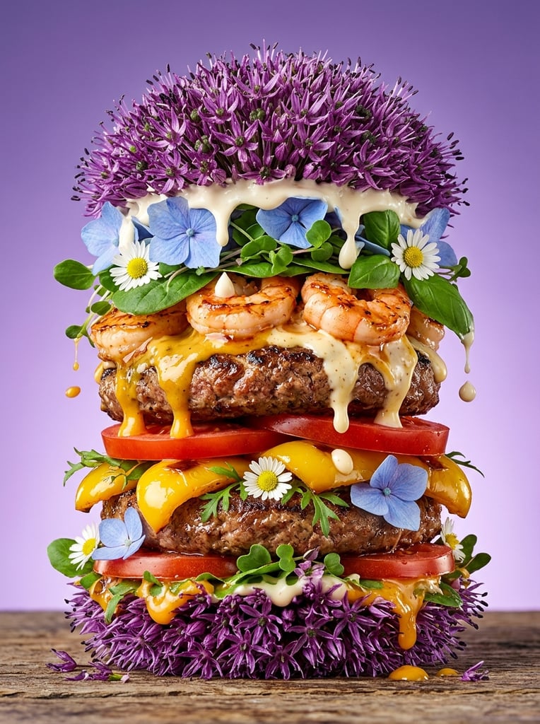 surreal tall burger composition, dense spiky purple allium flower buns, cooked pink shrimp, glossy yellow pepper, thick grilled meat patties, sliced red tomatoes, white daisies, blue hydrangea petals, delicate green foliage, thick glossy yellow-orange and creamy white sauces dripping with mid-air drops, smooth violet to lavender gradient background, sharp studio lighting, macro photography, glossy textures