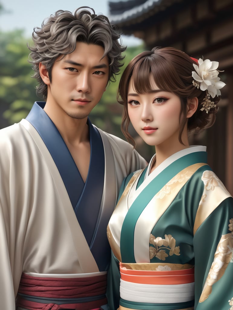 foto setengah badan couple jepang dengan pakaian seperti anime,pria memiliki rambut sedikit keriting, epic details, realistic, raytracing, photorealistic, realistic human photo, ultra realistic, masterpiece