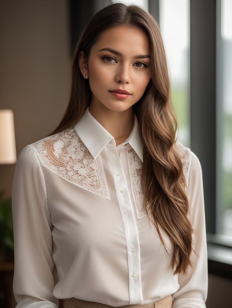 a beautyful girl,white blouse,collar up,long hair