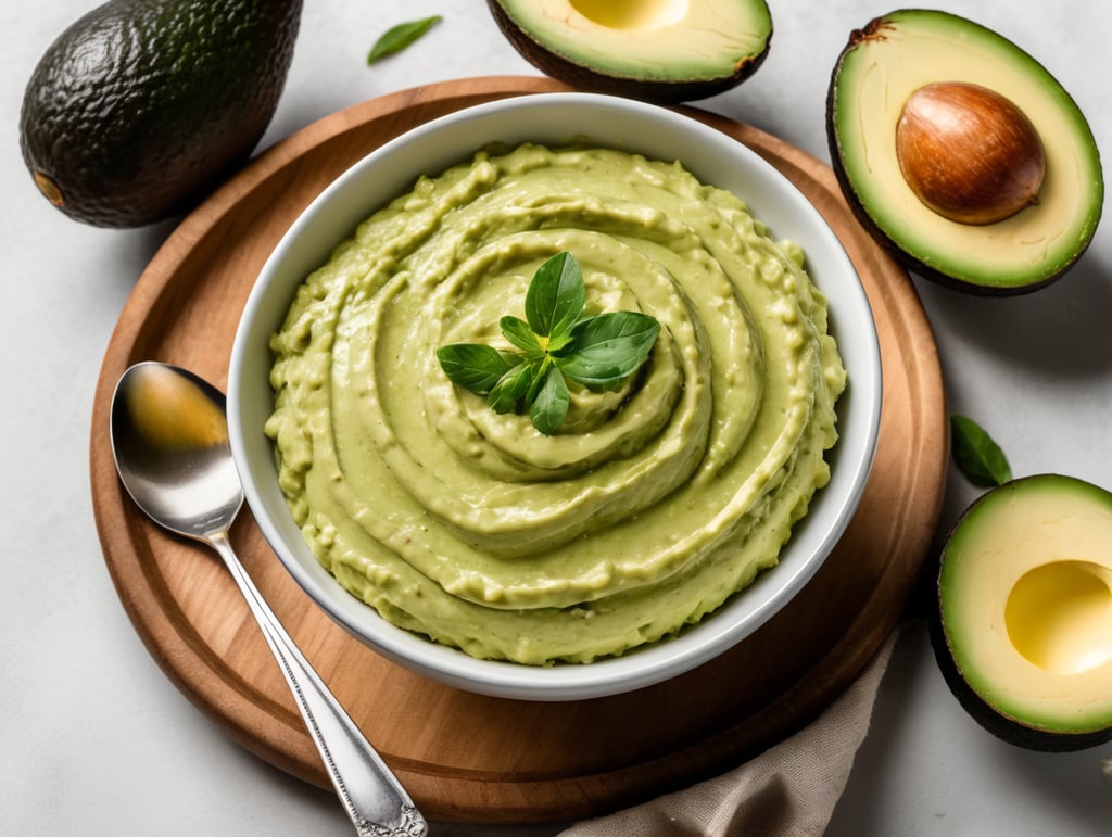 photo of a creamy avocado spread dipped on white background, top view