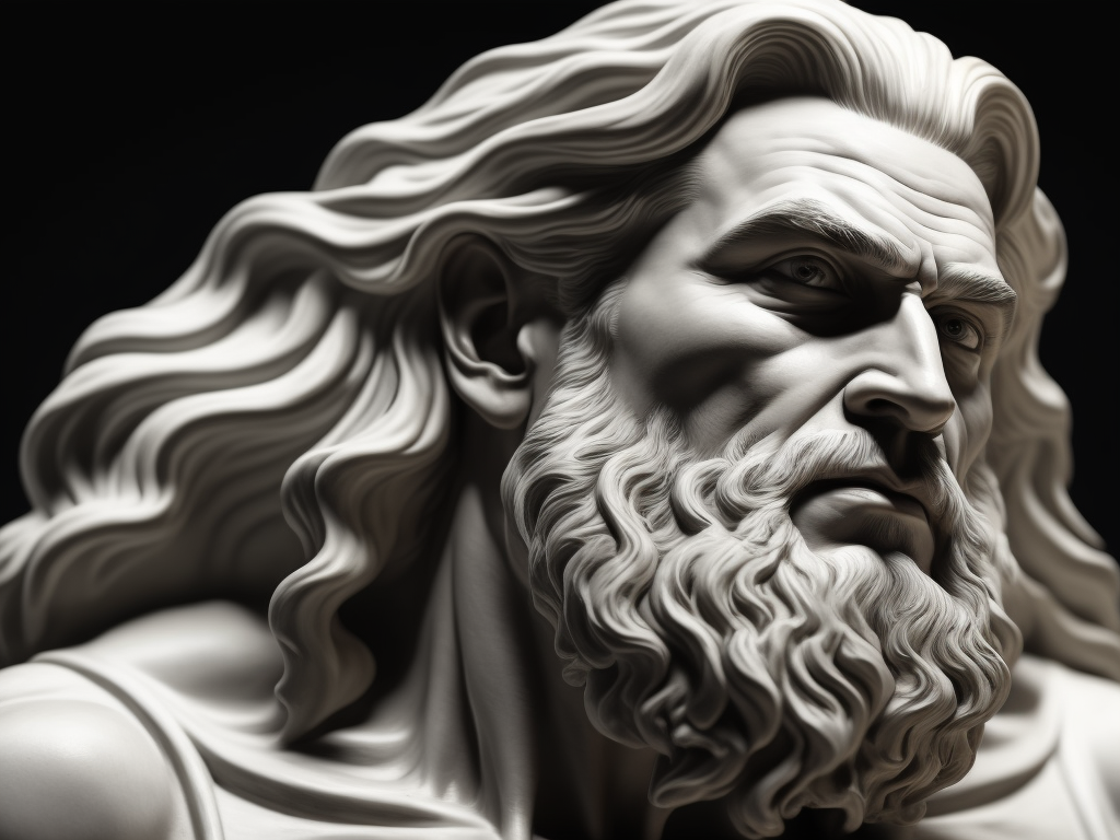 A realistic portrait white greek marble statue of a zeus, black background, moody, angry, photorealistic, movie scene, super detailed, hyperrealistic, full body, rage face