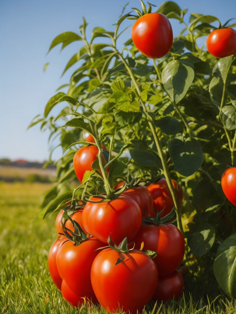 several red tomatoes stacked together forming a ketchup bottle with some leaves around it, beautiful tomato plantation in the background and a blue sky, short grass, yellow flower, ambient lighting