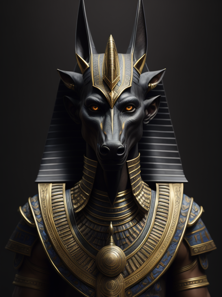 Egyptian god Anubis, portrait, hyper-realistic, dark style, focus on face, sharp on details, black background