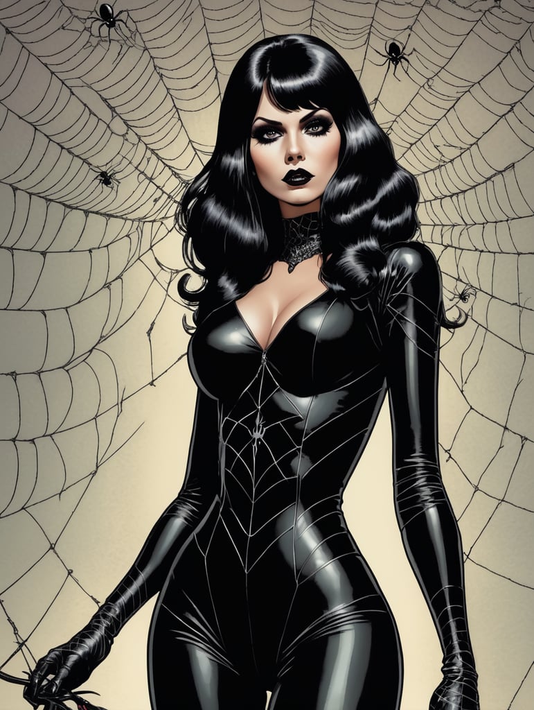 70s comic art Female vampire Goth with dark black hair with black spider web suit 70s comic