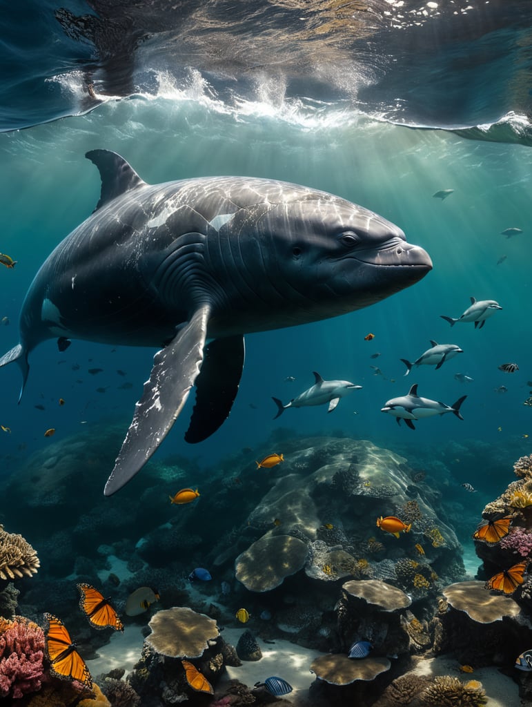 I want five separate images of the following animals: blue whale, green sea turtle, Galápagos Penguins, Monarch Butterflies and Hector’s Dolphin. Same realistic art style