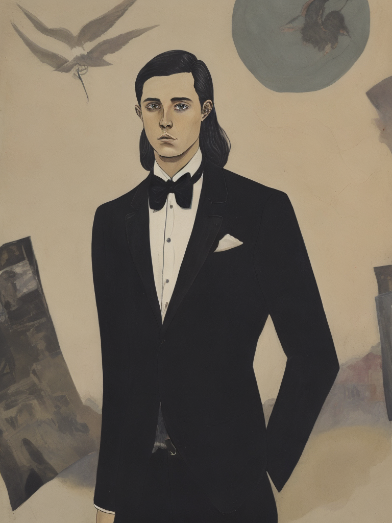 Illustration of a man with long dark hair in a suit with a bow tie, painting, oil, tempera, water color, collage, style of Hannah Höch