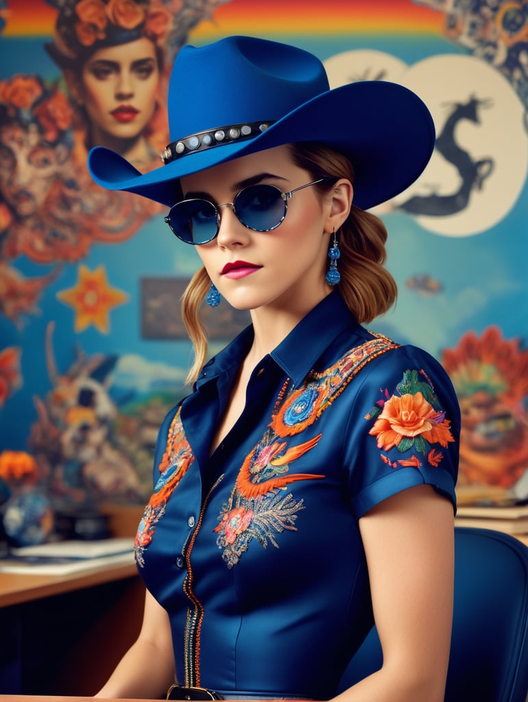 Medium-full shot of Emma Watson, profile half body photography, in the office, a punk 80's model woman with dramatic makeup and a 50's cowboy hat, wearing a deep blue, vibrant, detailed embroidered dress, large sunglasses, 80 degree view, art by sergio lopez, natalie shau, james jean, salvador dali.