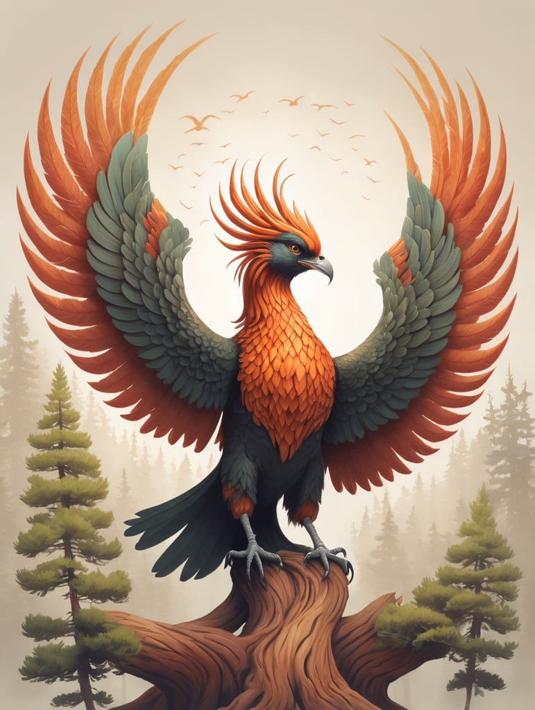 phoenix bird with wings around a cedar tree