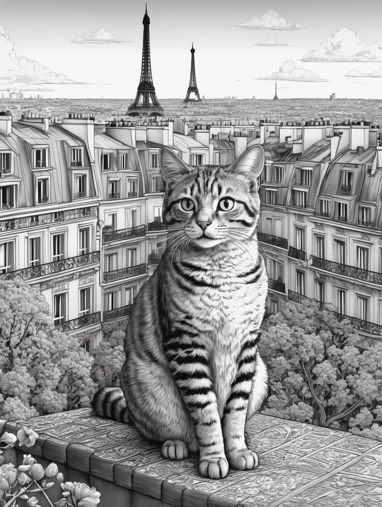 a cat in Paris black and white, illustration, monochrome for coloring book, in the style of simple line art vector comic art on white background