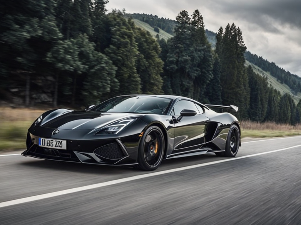 A luxurious sports car in a glossy black finish, speeding on an open road