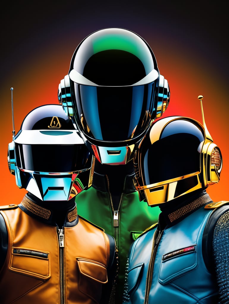 Portrait of daft punk, ultra realism, super detailed, neon colors, magazine cover, professional shot, magazine photography, bright saturated colors, sharp focus, highly detailed