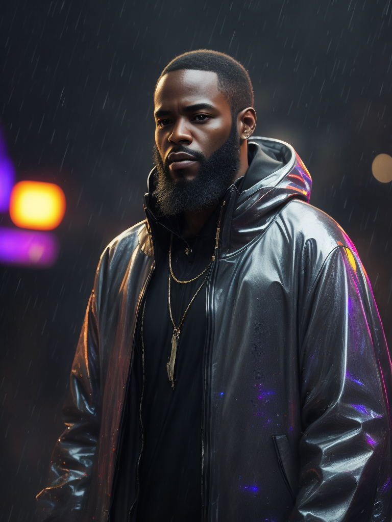 a black man with a long beard wearing ((transparent raincoat)), under the rain, ultra realistic, neon lights