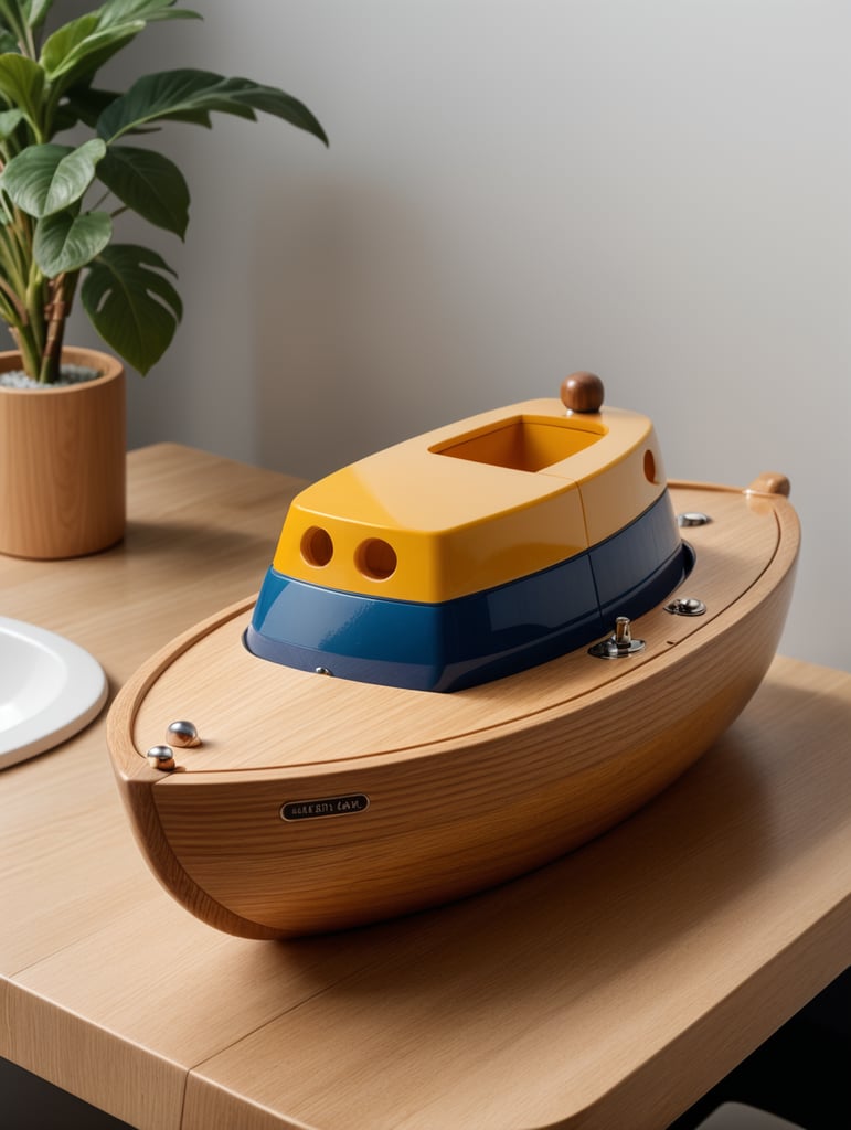 Bath toy chubby boat designed by Dieter Rams. Simplistic minimalist post modernist product design. Oak and injection molded plastic. Full object in view.