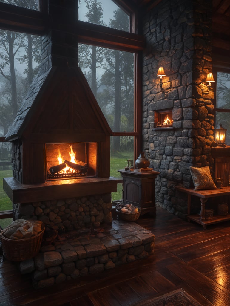 warm cozy nice decor wood house, raining outside window, fireplace inside