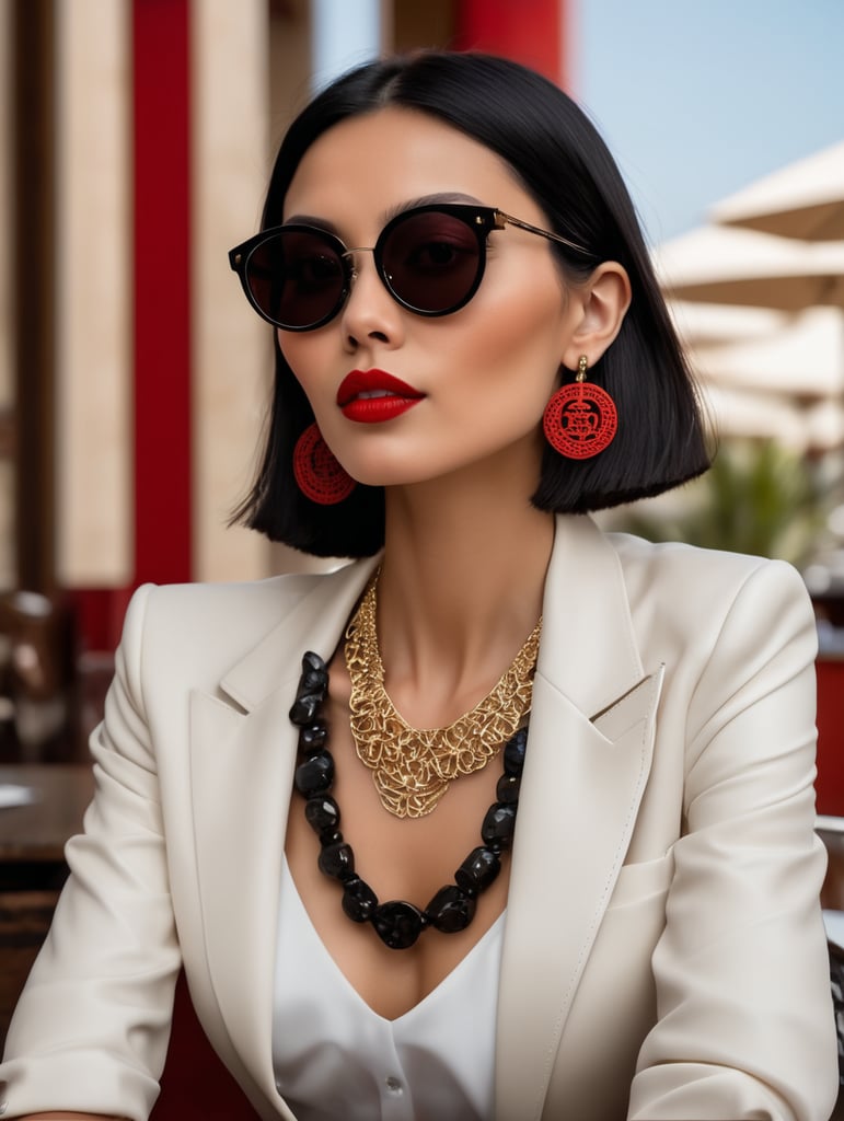 big geometric earrings sunglasses and necklace short black hair red lips italian style dolce and gabbana asian female model portal nous mallorca elegant luxury sitting restaurant leather handbag