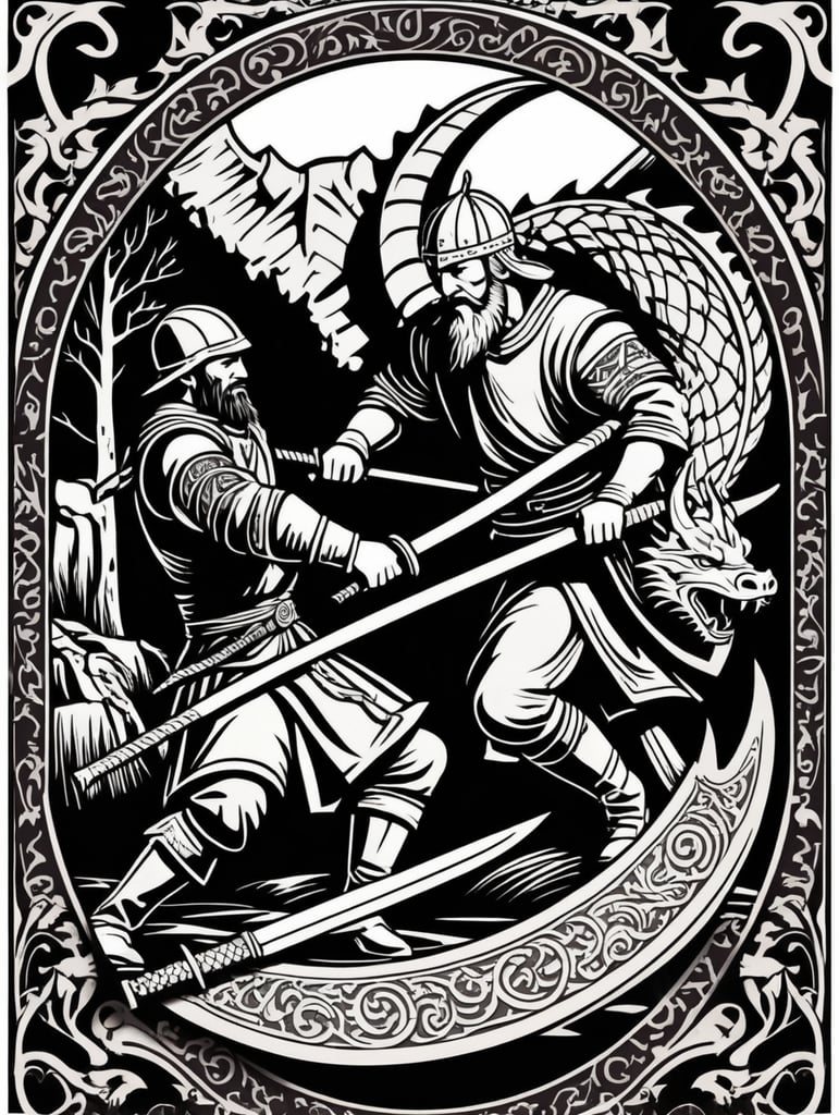 Peasant and dragon combat, wood cutting style, vector graphics, viking era, bevel with rune