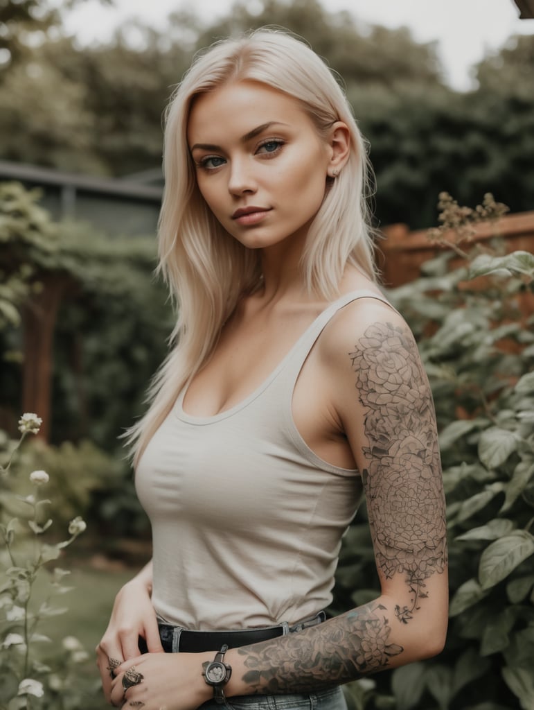 Blonde Girl with 1312 tatoo on left arm in Garden