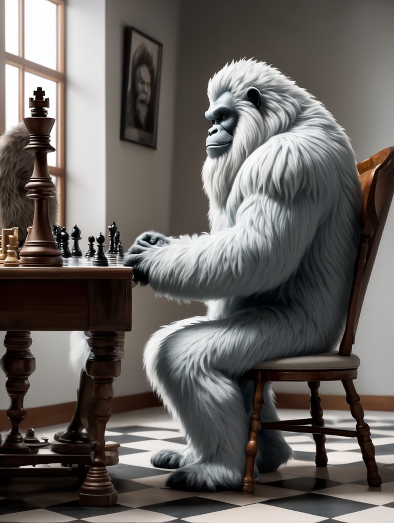 yeti inside a room, seen in profile, full-length, with a sweet expression, he is sitting on a small chair, playing chess, hyper-realistic