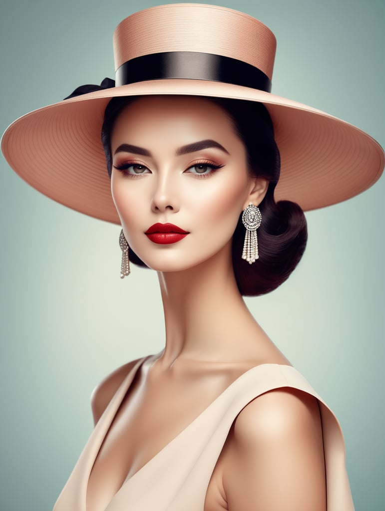 A beautiful female elegant sleek vintage with large hat, clean makeup, with depth of field, captured in bright vintage colors, minimalist posterstyle