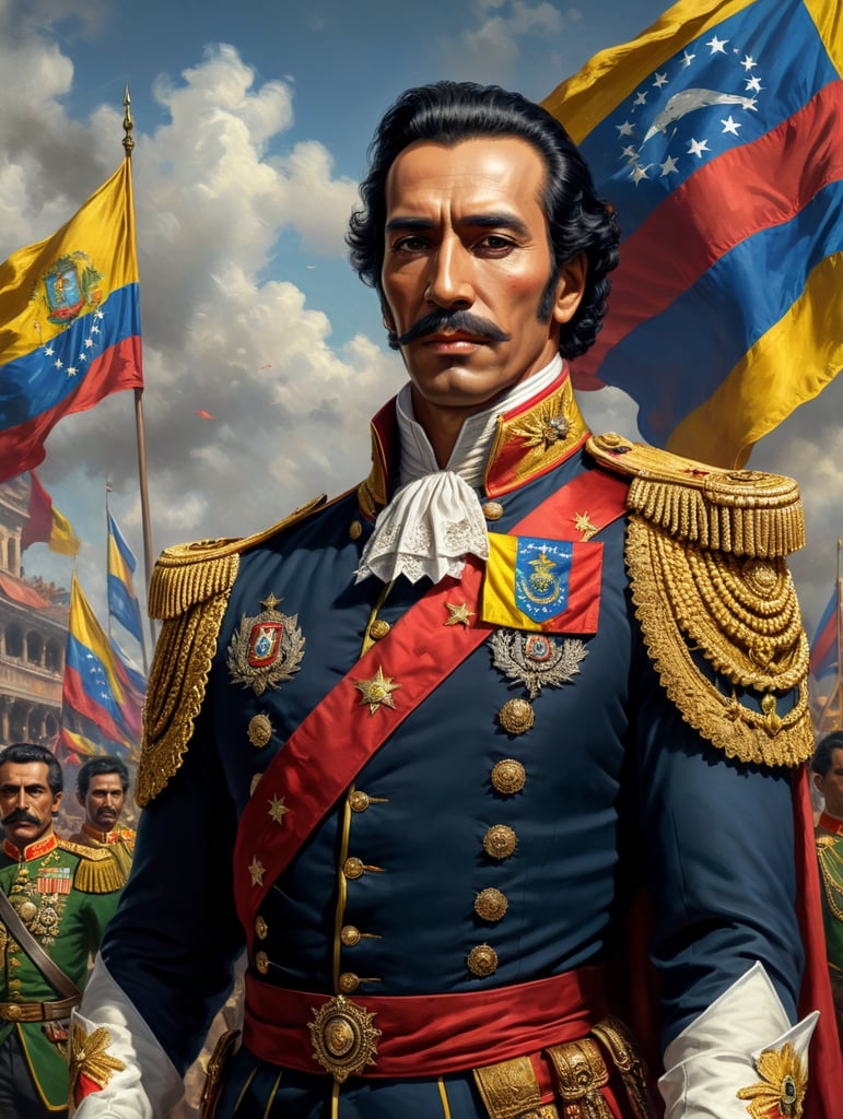 libertador simón bolívar vestido a la moda, gramour, pero estilo reggaetonero y de fondo la bandera de venezuela