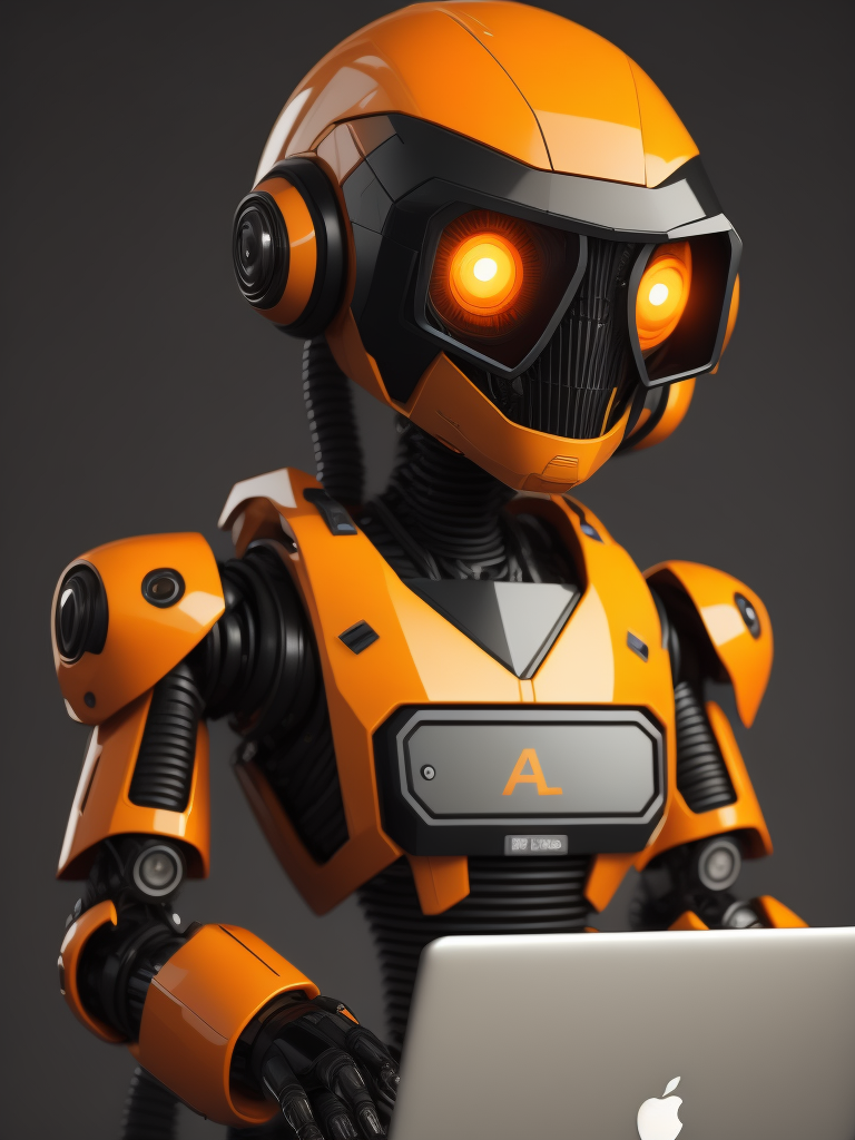 Orange and black AI robot typing on laptop , cute and lovely , simple, wearing jacket and glasses