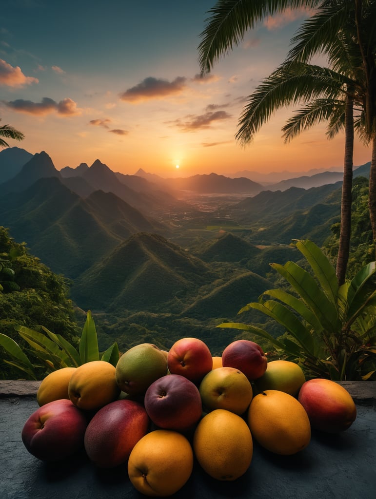 Mango and tropical fruit in a forest in front, unsharp background with sunset vibrant colors nature art scenic horizon mountain range skyline views artistic beauty colorful scenery nature photography sunset inspiration