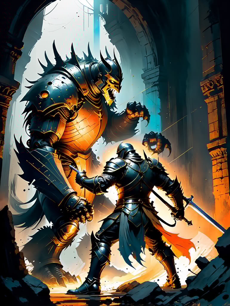 knight about to fight giant monster in dark dungeon in the style of frank frazetta