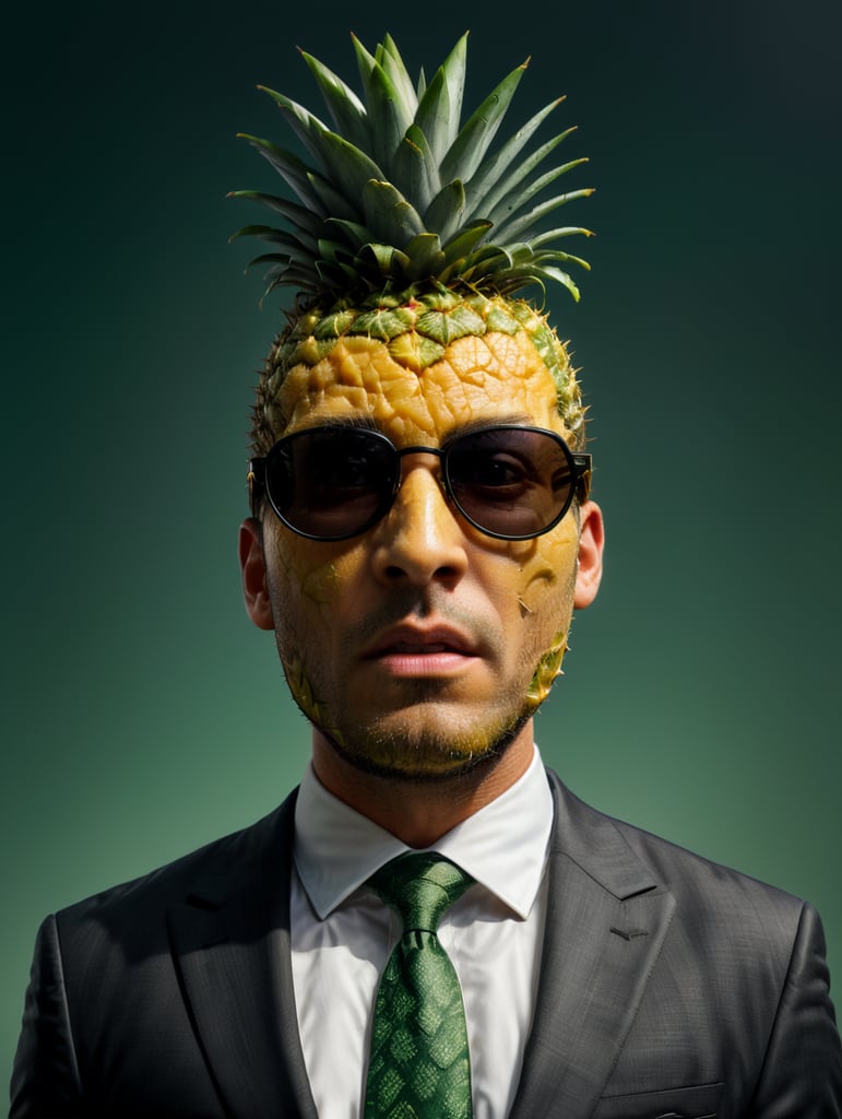 A man in a business suit with a pineapple for a head, green background, sunglasses, isolated