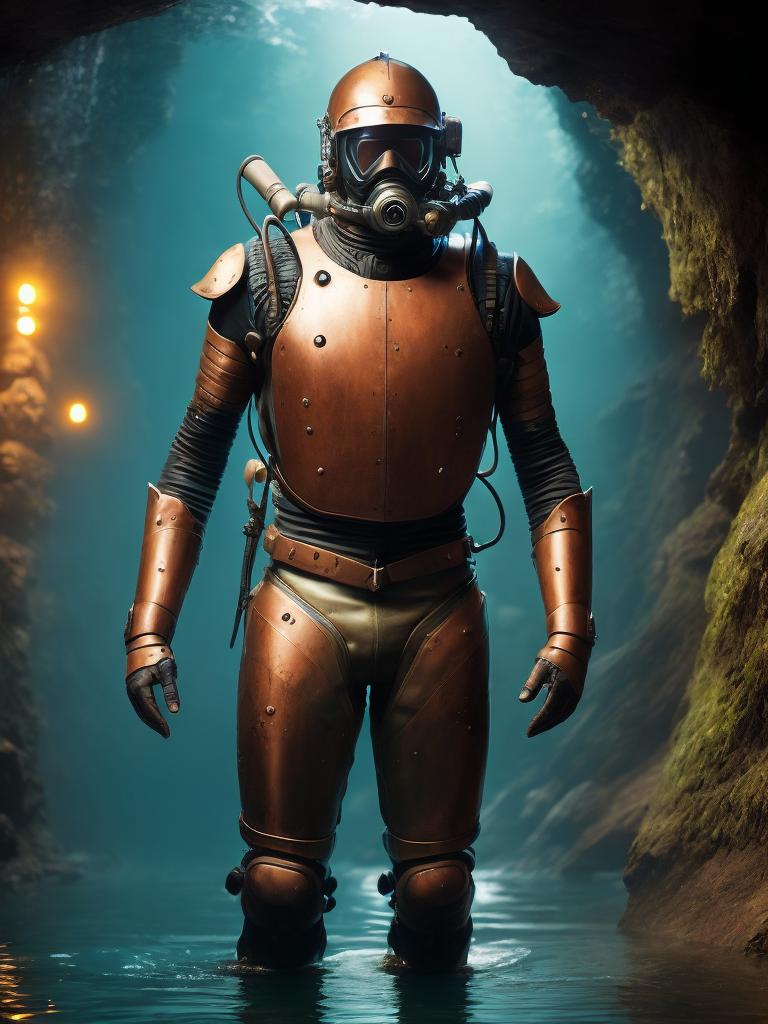 Man in a very old robotic scuba suit year 1890 entering in the water of an underground cave river, Metallic accents, copper, copper patina, Dramatic Lighting, Depth of field, Incredibly high detailed