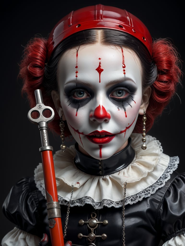 3d gothic porcelain doll as mimes with tears of blood hyper realistic 8k holding a pipe wrench