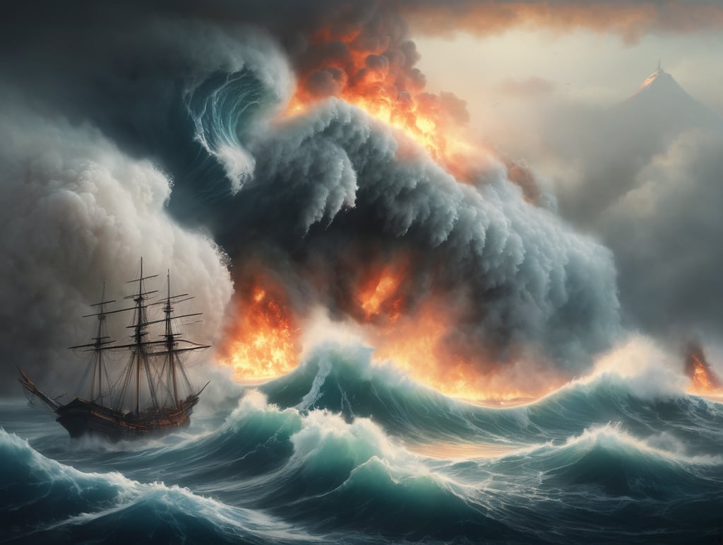 Epic photograph of an earthquake in Japan, large waves, destruction, fire, in the style of Aivazovsky