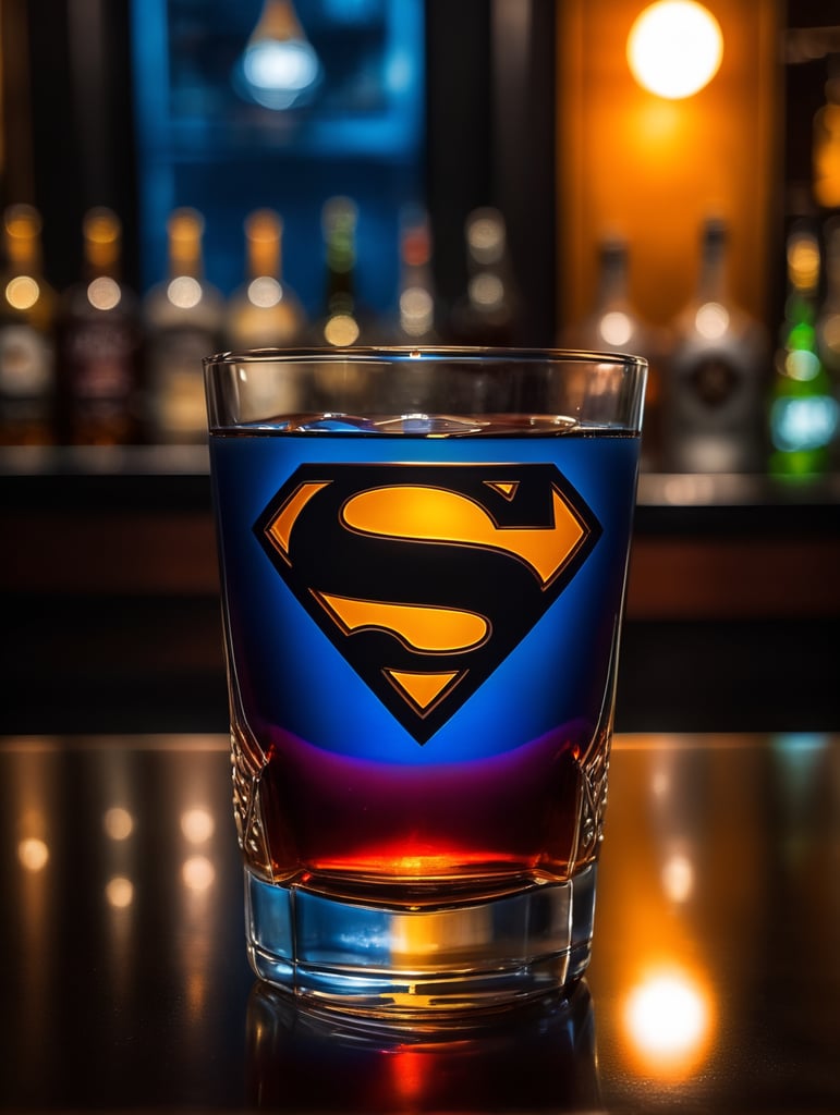 colors of superman, put the logo in glass, Drink Snifter Glass in a darkness bar, cinematic lighting, product shot, 4:3, 4k