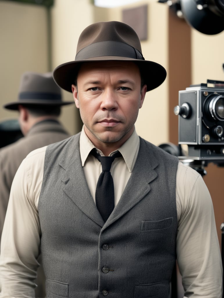 Stephen Graham, wearing a fedora, clean shaven, dressed in a vest and pants, standing next to a 35mm cinema film camera on a movie set, 1940's film noir,serious look,